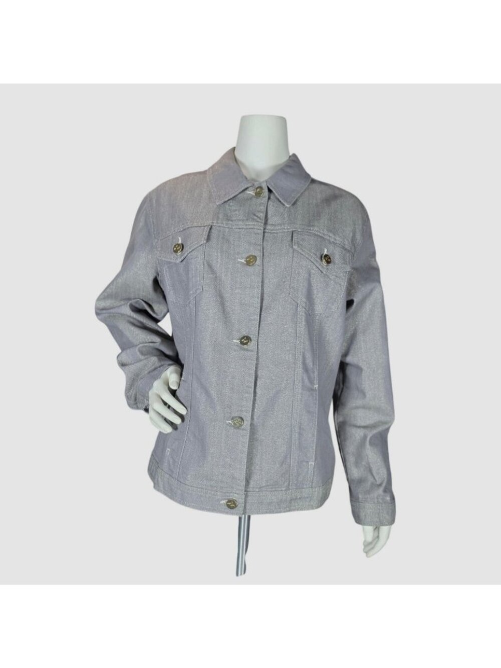 Chico's Platinum Metallic Herringbone Denim Jacket Gold Gray Sz 3 / XL
